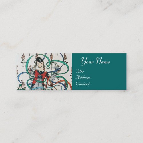 YOUNG GIRL WITH COLORFUL RIBBON SWIRLS AND CUPID MINI BUSINESS CARD