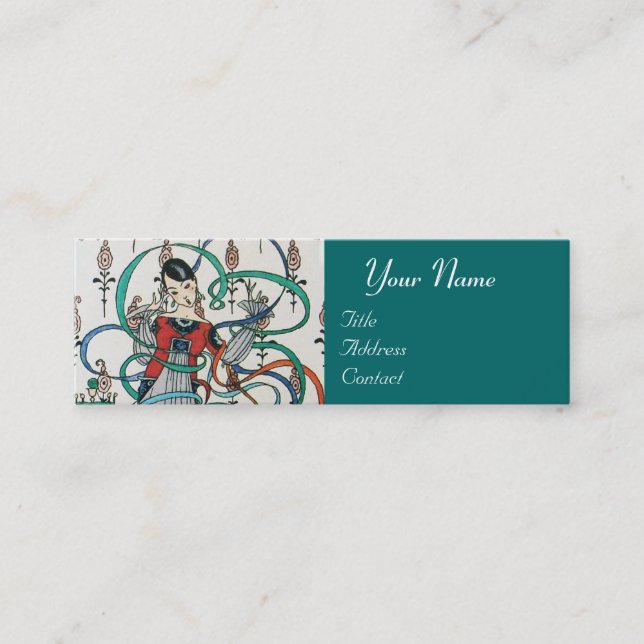 YOUNG GIRL WITH COLORFUL RIBBON SWIRLS AND CUPID MINI BUSINESS CARD (Front)