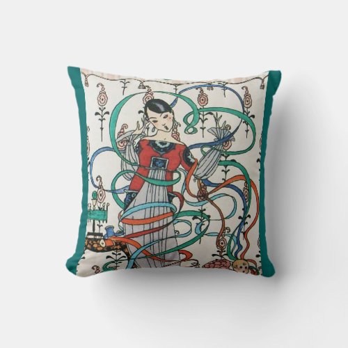 YOUNG GIRL WITH COLORFUL RIBBON SWIRLS AND CUPID THROW PILLOW