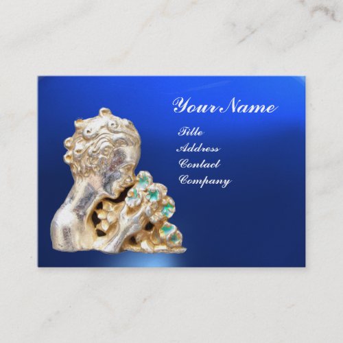 YOUNG GIRL WITH FLOWERS MONOGRAM Gold Blue Business Card