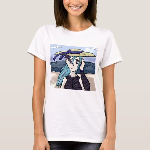 Young Girl With Hat On Beach Graphic T_Shirt