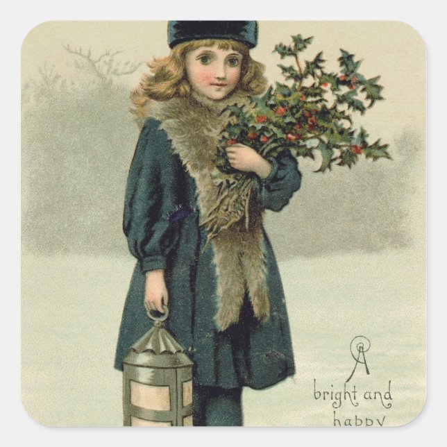 Young girl with Holly and Lantern Square Sticker (Front)