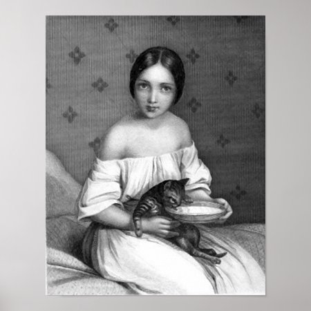 Young Girl With Kitten And Bowl Of Milk Poster