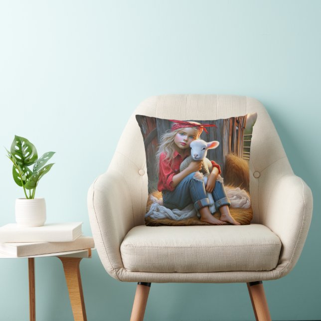 Young Girl With Newborn Lamb Throw Pillow (Chair)