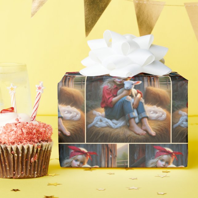 Young Girl With Newborn Lamb Wrapping Paper (Birthday Party)