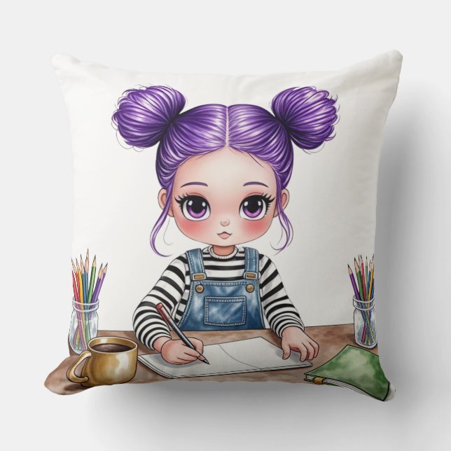 Young girl with purple duvets concentrated on her throw pillow (Front)