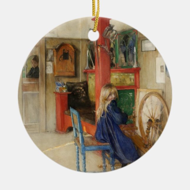 Young Girl with Spinning Wheel - Carl Larsson Ceramic Ornament (Front)