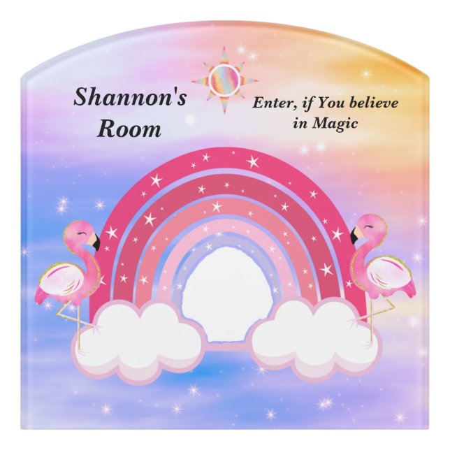 Young Girl's Design with Rainbow, Flamingos & Sun Door Sign (Contour Front)
