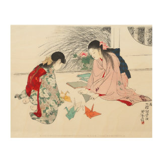 Young Girls Making Paper Cranes (1906) Wood Wall Art