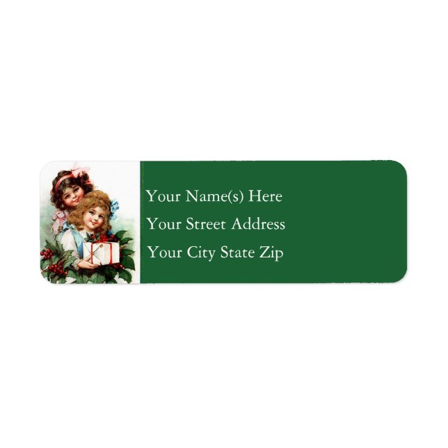 Young Girls With Gift Vintage Christmas Label (Front)