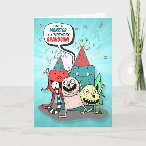 Young Grandson Birthday Monsters Cartoon Style Card