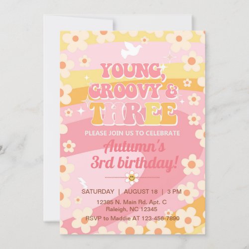 Young Groovy and Three girl 3rd birthday invite Invitation