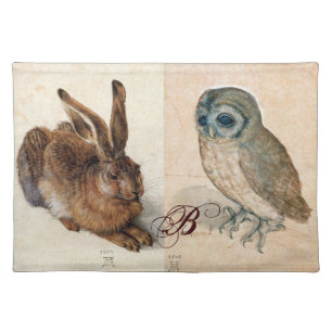Young Hare (Rabbit ) and  Owl Monogram Cloth Placemat