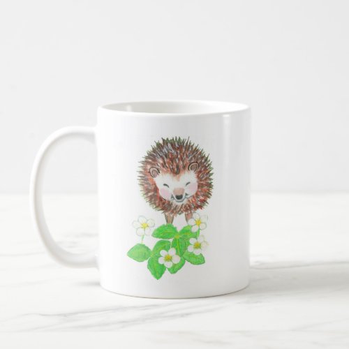 Young Hedgehog  Wild Strawberry Flowers  Coffee Mug