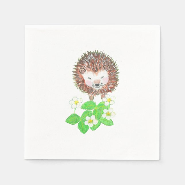 Young Hedgehog & Wild Strawberry Flowers   Napkins (Front)