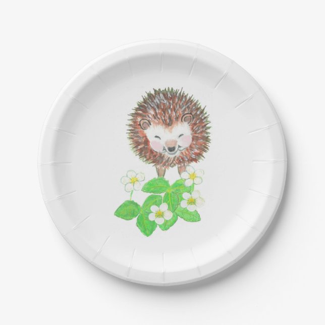Young Hedgehog & Wild Strawberry Flowers   Paper Plates (Front)