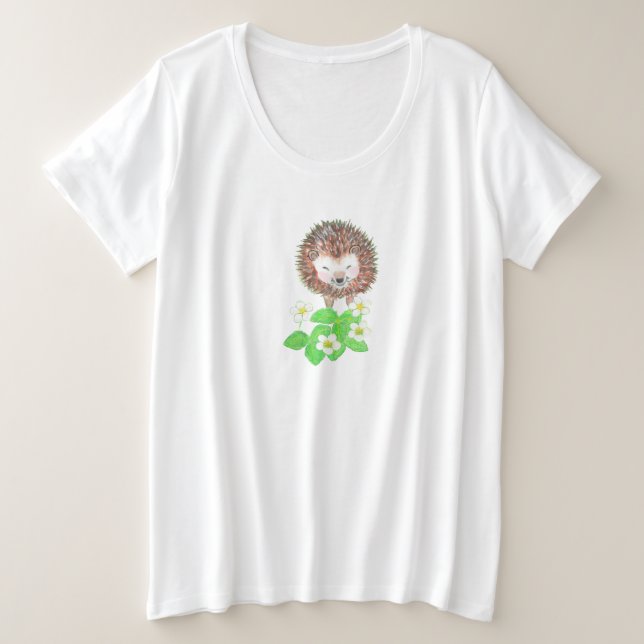 Young Hedgehog & Wild Strawberry Flowers   Plus Size T-Shirt (Design Front)