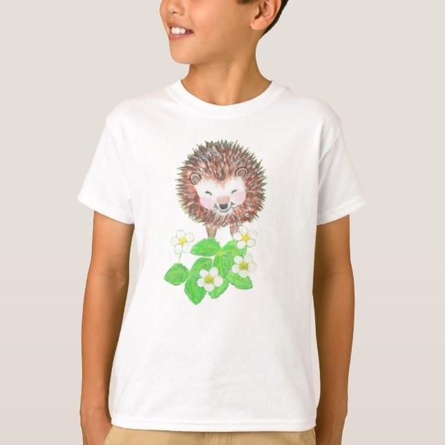 Young Hedgehog & Wild Strawberry Flowers   T-Shirt (Front)