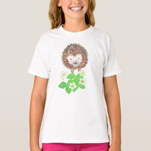 Young Hedgehog  Wild Strawberry Flowers    T_Shirt