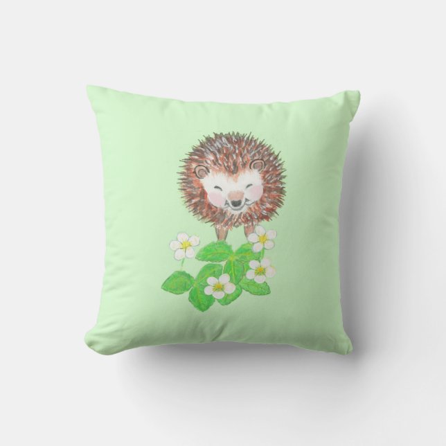 Young Hedgehog & Wild Strawberry Flowers Throw Pillow (Front)