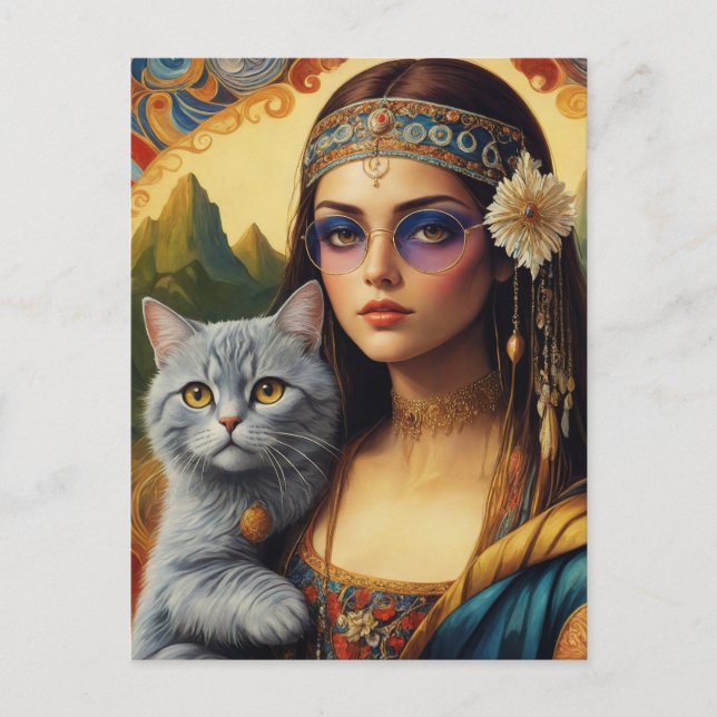 Young Hippie Mona Lisa and Her Grey Cat Postcard (Front)