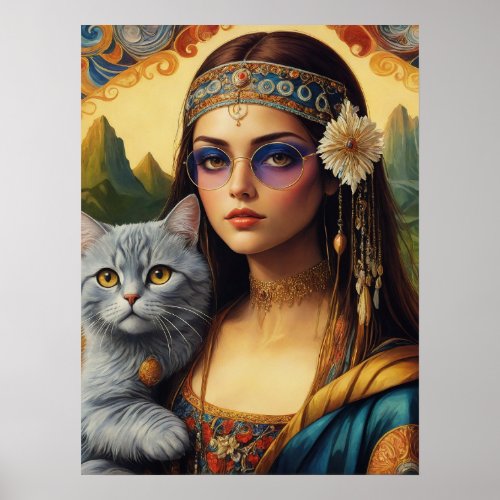 Young Hippie Mona Lisa and Her Grey Cat Poster