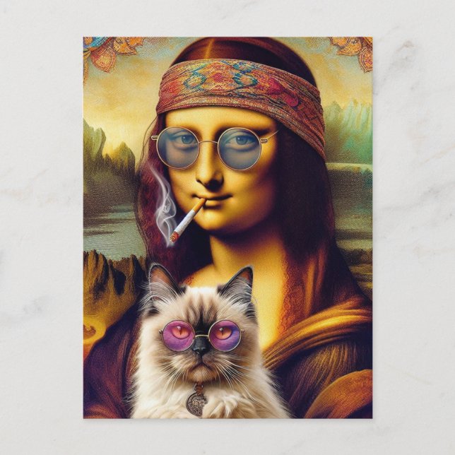 Young Hippie Mona Lisa and Her Himalayan Cat Postcard (Front)