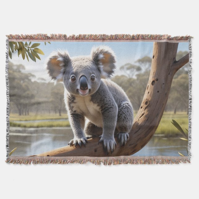 Young Koala by a Lake Throw Blanket (Front)