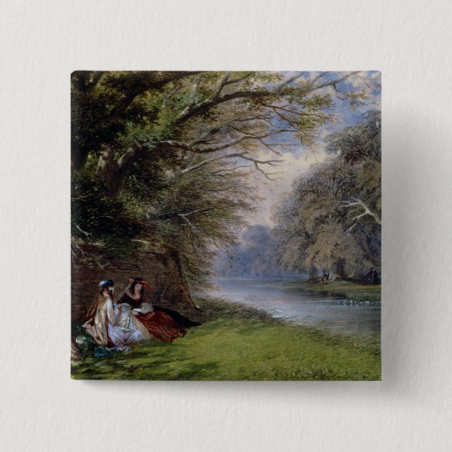 Young ladies by a river pinback button (Front)