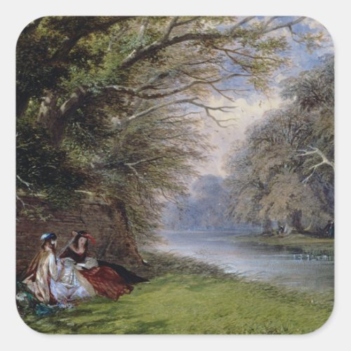 Young ladies by a river square sticker