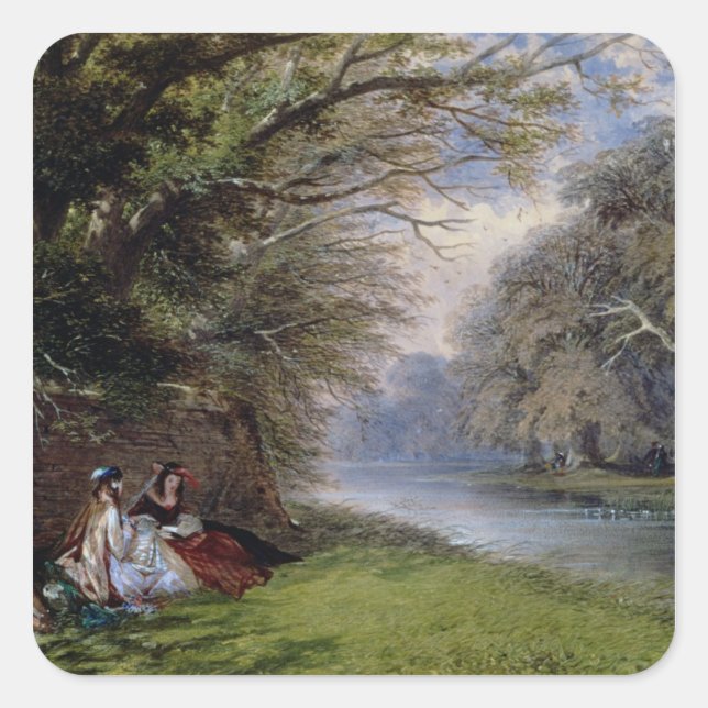 Young ladies by a river square sticker (Front)