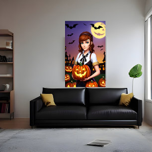 Young lady brown hair holding a pumpkin   AI Art Poster