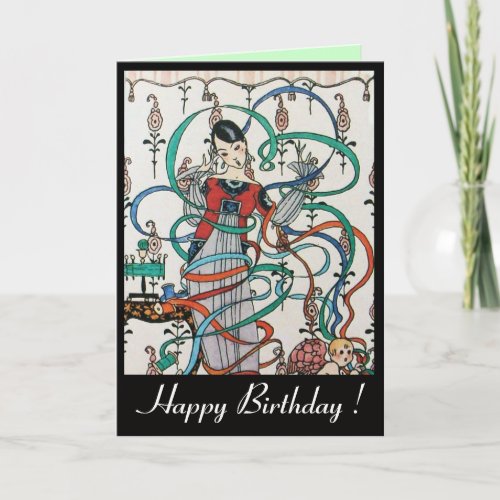 YOUNG LADY COLORFUL RIBBON SWIRLSCUPID Birthday Card