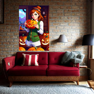 Young lady long hair holding a pumpkin   AI Art Poster