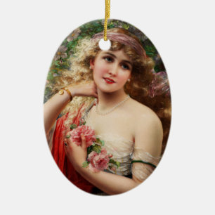 Young Lady With Roses Ceramic Ornament