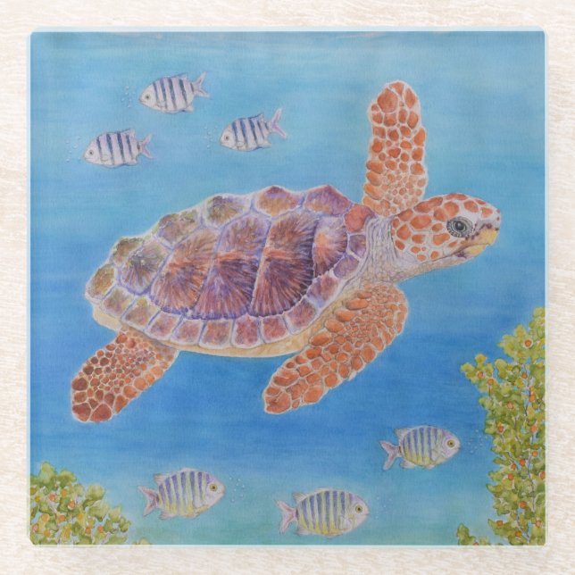 Young Loggerhead Sea Turtle Glass Coaster (Front)