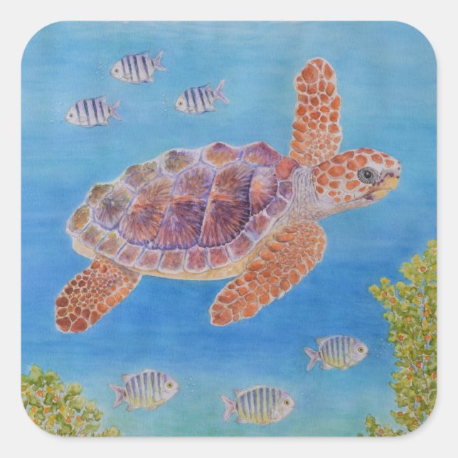 Young Loggerhead Sea Turtle Square Sticker (Front)
