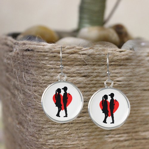 Young Lovers Silhouette Red Heart  Earrings