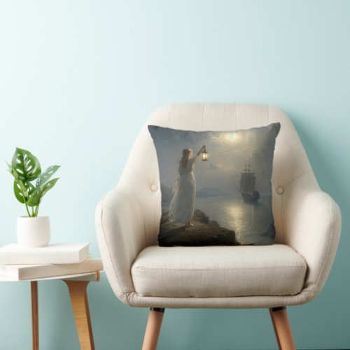 Young Maiden Holding a Lantern in a Harbor Throw Pillow