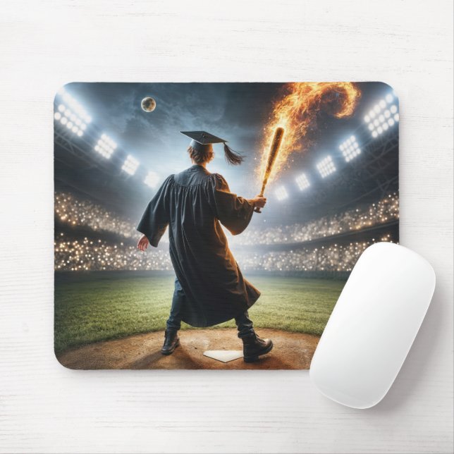 Young Man Graduate With Flaming Baseball Bat Mouse Pad (With Mouse)
