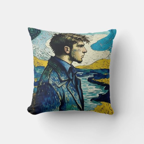Young Man Portrait With Sunrise Painting Throw Pillow