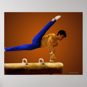 Young man practicing gymnastics on the pommel poster