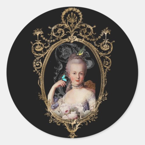 Young Marie Antoinette on black envelope   Classic Round Sticker