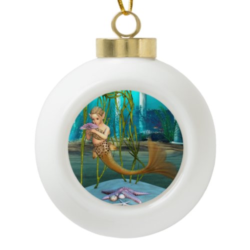 Young Mermaid Underwater Fantasy for Kids Ceramic Ball Christmas Ornament