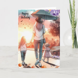 Young Mom with Daughters Birthday Card