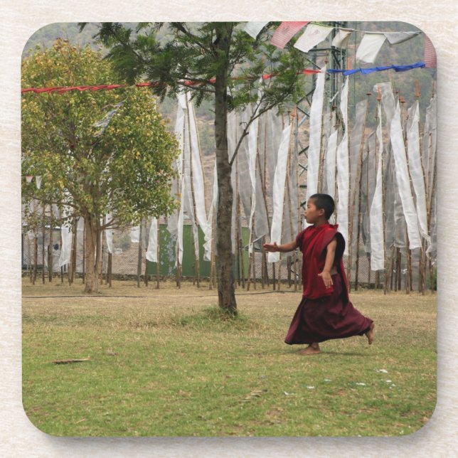 Young monk and prayer flags drink coaster (Front)