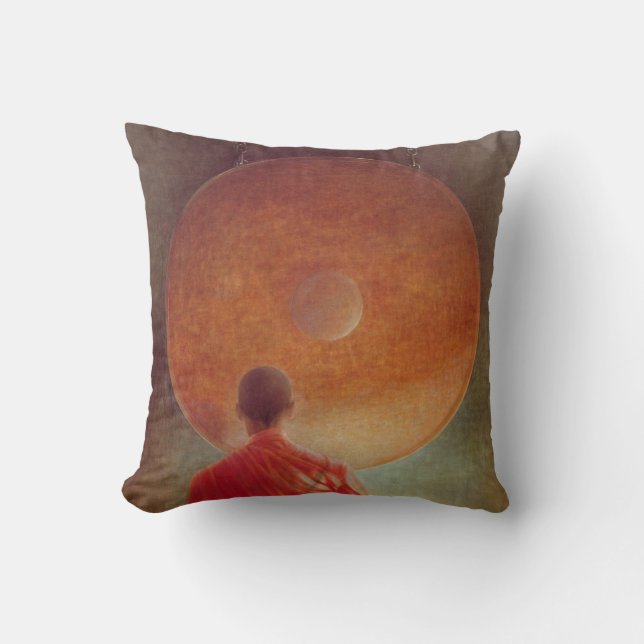 Young Monk with Gong Throw Pillow (Front)