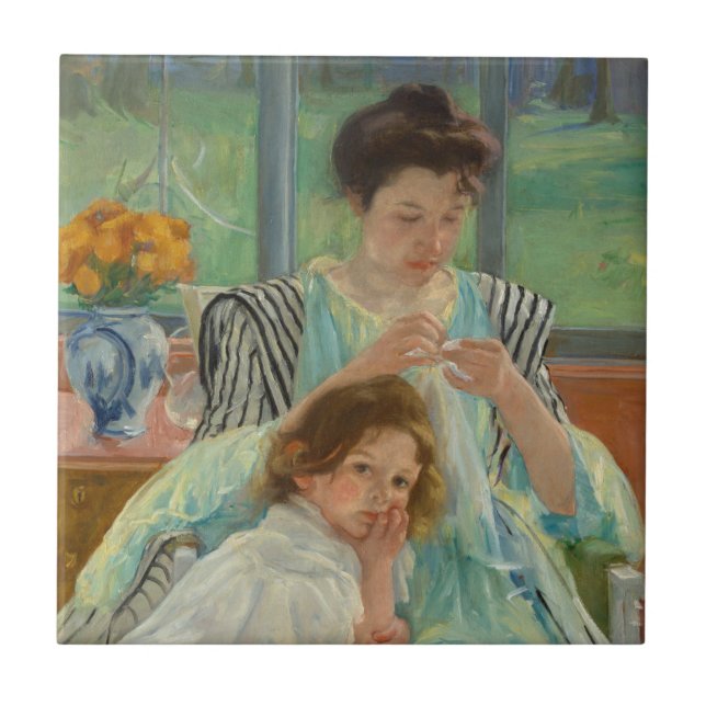 Young Mother Sewing Ceramic Tile (Front)