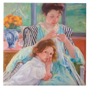 Young Mother Sewing, Mary Cassatt Ceramic Tile