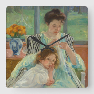 Young Mother Sewing Square Wall Clock